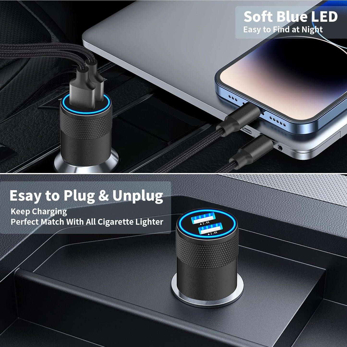 Apple Mfi Certified Iphone Car Charger Fast Charging 4.8A Car Phone Charger | Dual USB Power Cigarette Lighter Adapter + 2Pack Lightning Braided Cord for Iphone 14 13 12 11 Pro XS XR X 8 SE Ipad