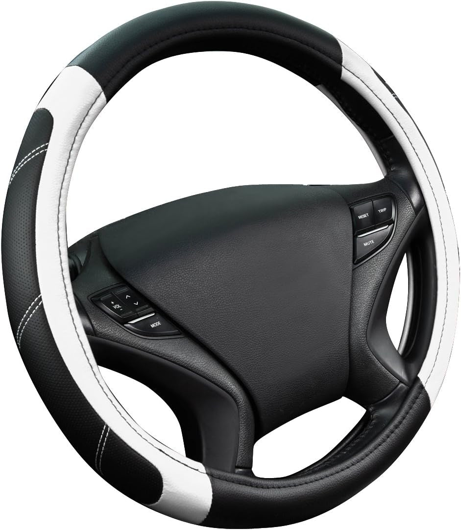Line Rider Microfiber Leather Sporty Steering Wheel Cover Universal Fits for 95% Truck,Suv,Cars,14.5-15Inch Anti-Slip Safety Comfortable Desgin (Black-White)