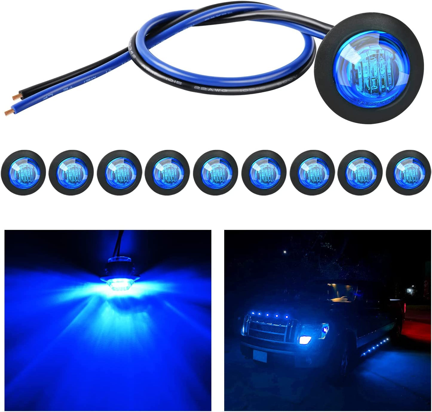 3/4" round LED Clearance Marker Lights,Blue, 10-Pack | 12V Bullet-Style LED Marker Lights for Front, Rear & Side Applications on Trailers, Trucks, Rvs, Vans, Buses, Boats, Offroad