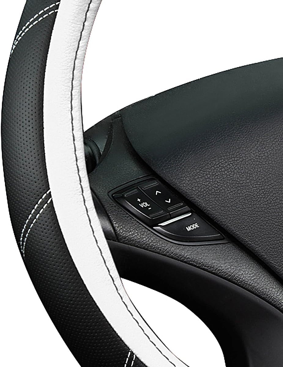 Line Rider Microfiber Leather Sporty Steering Wheel Cover Universal Fits for 95% Truck,Suv,Cars,14.5-15Inch Anti-Slip Safety Comfortable Desgin (Black-White)