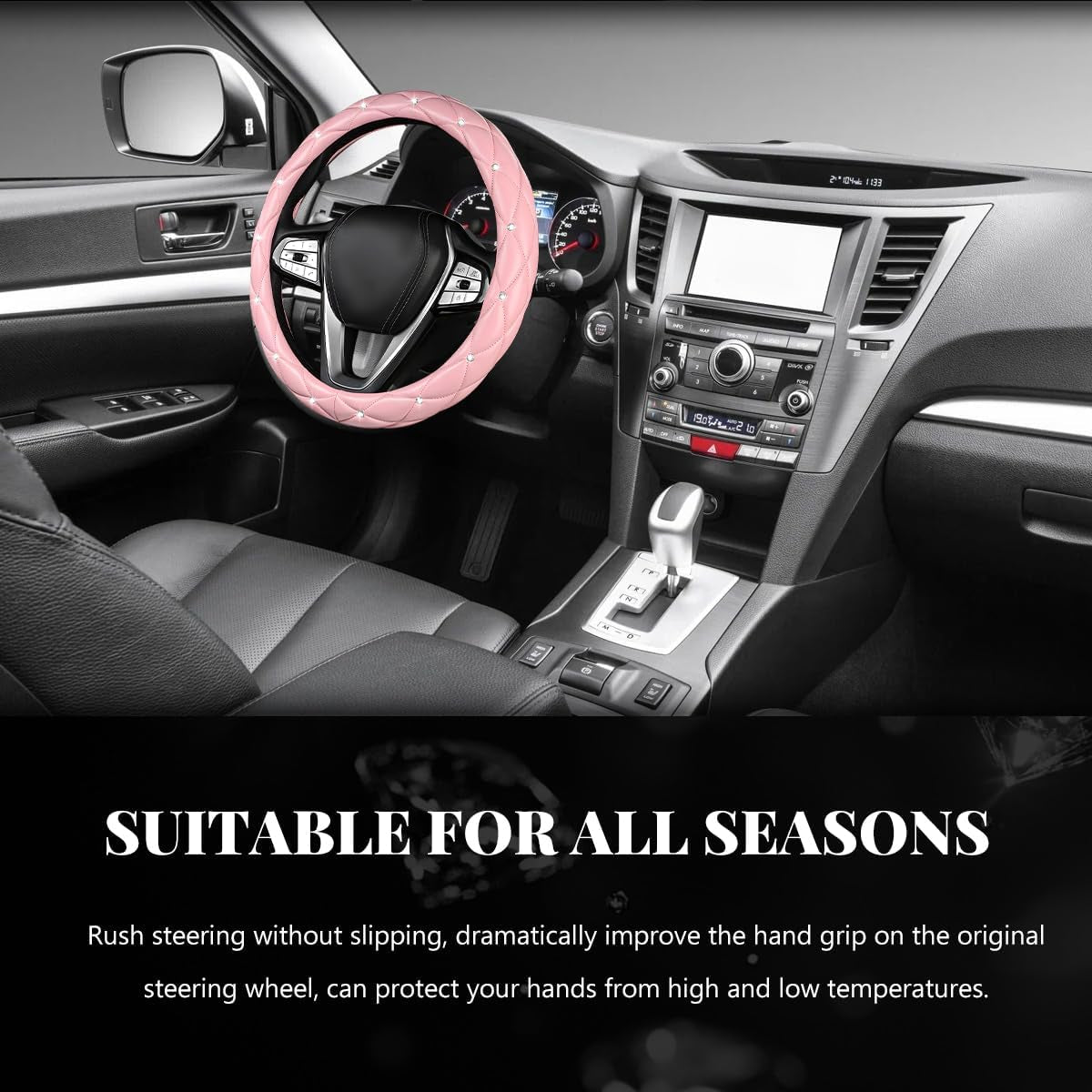 Bling Car Steering Wheel Cover, 15 Inch Diamond Leather Anti-Slip Auto Steering Wheel Protector, Cute Sparkly Rhinestones Wheels Cover Automotive Decoration for Women Girl (Pink)