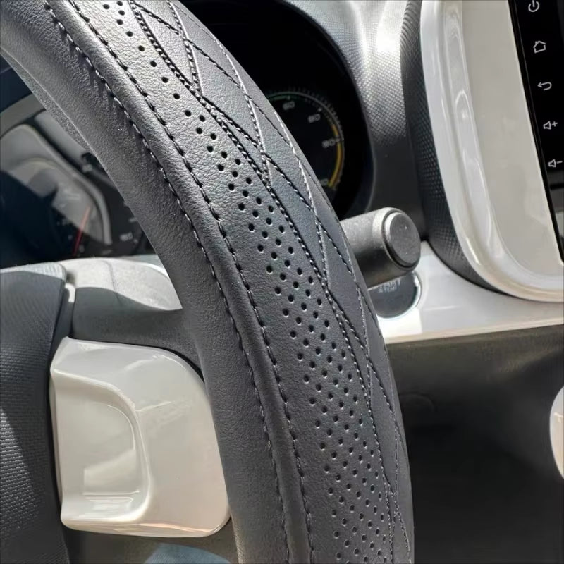 Napa Leather Perforated Patchwork Car Steering Wheel Cover, Non-Slip, Breathable, Fits 14.5–15 Inch Steering Wheel Cover