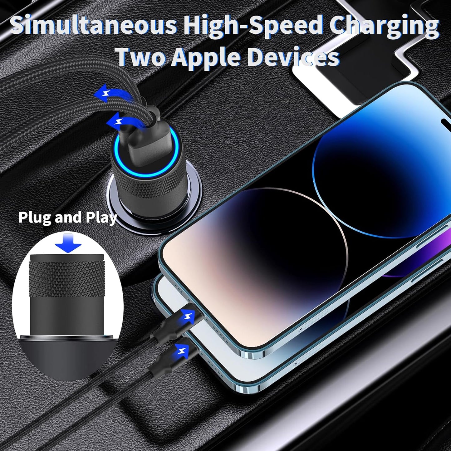Apple Mfi Certified Iphone Car Charger Fast Charging 4.8A Car Phone Charger |  Dual USB Power Cigarette Lighter Adapter + 2Pack Lightning Braided Cord for Iphone 14 13 12 11 Pro XS XR X 8 SE Ipad