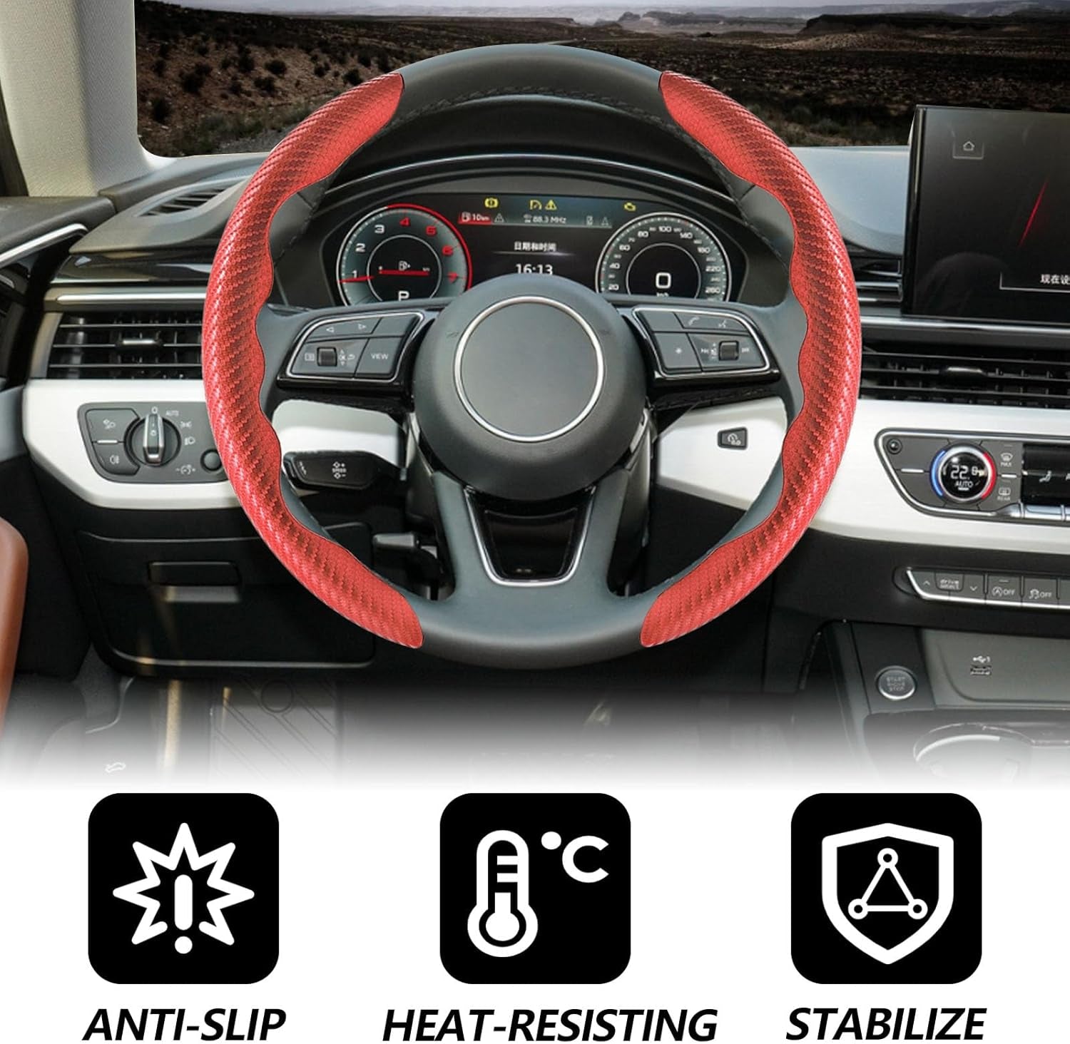 2Pcs Universal Fit Carbon Fiber Steering Wheel Cover, Anti-Skid Steering Wheel Cover/Segmented Steering Wheel Protector/Car Interior Accessories (Red)