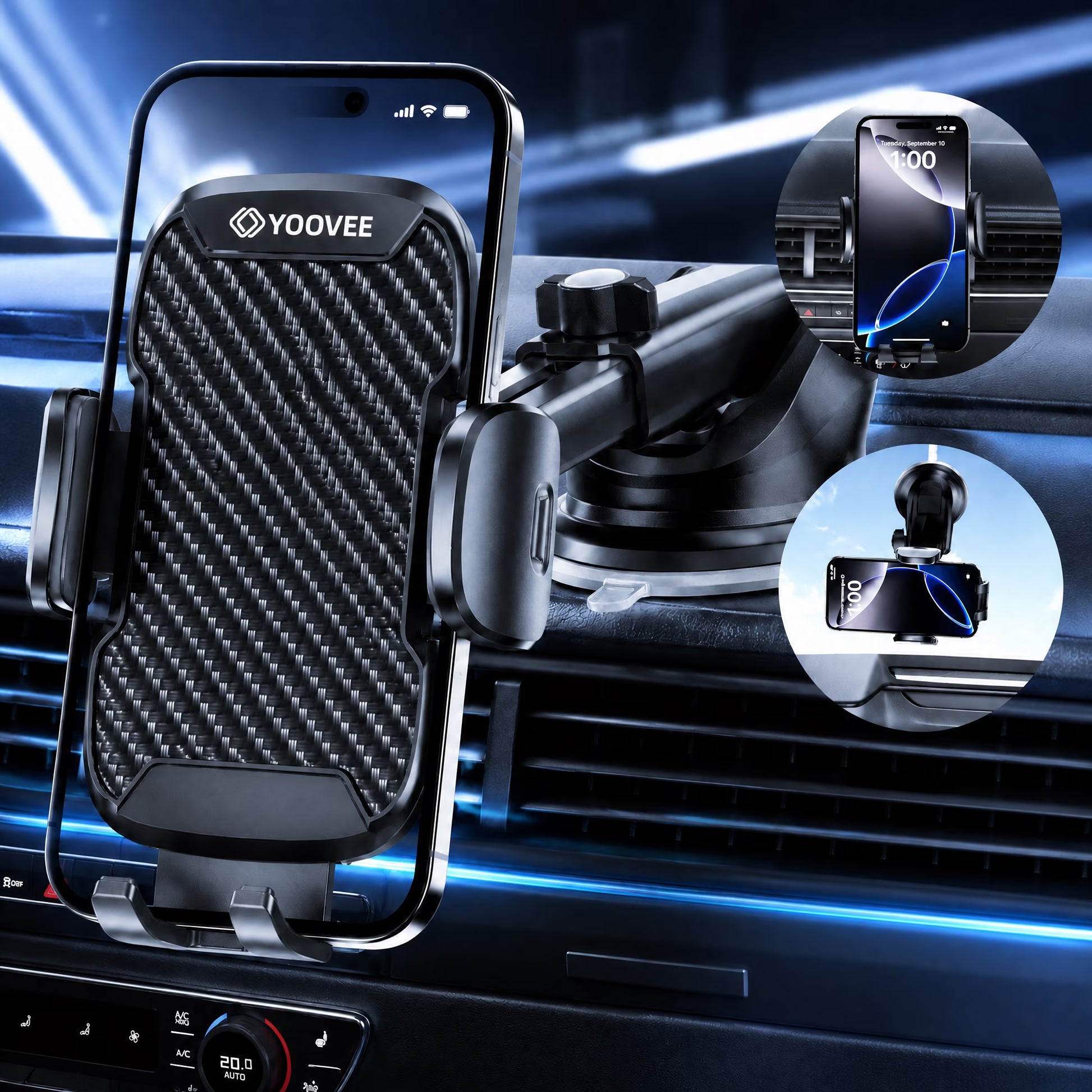 Universal Car Phone Holder with Adjustable Rotation for 4-7 Inch Phones, Dashboard, Windshield & Air Vent Mount