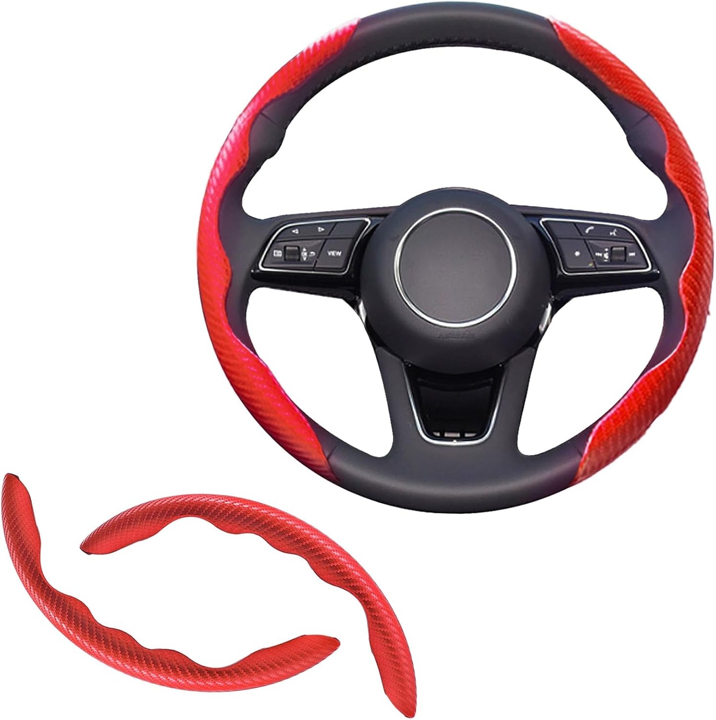 2Pcs Universal Fit Carbon Fiber Steering Wheel Cover, Anti-Skid Steering Wheel Cover/Segmented Steering Wheel Protector/Car Interior Accessories (Red)