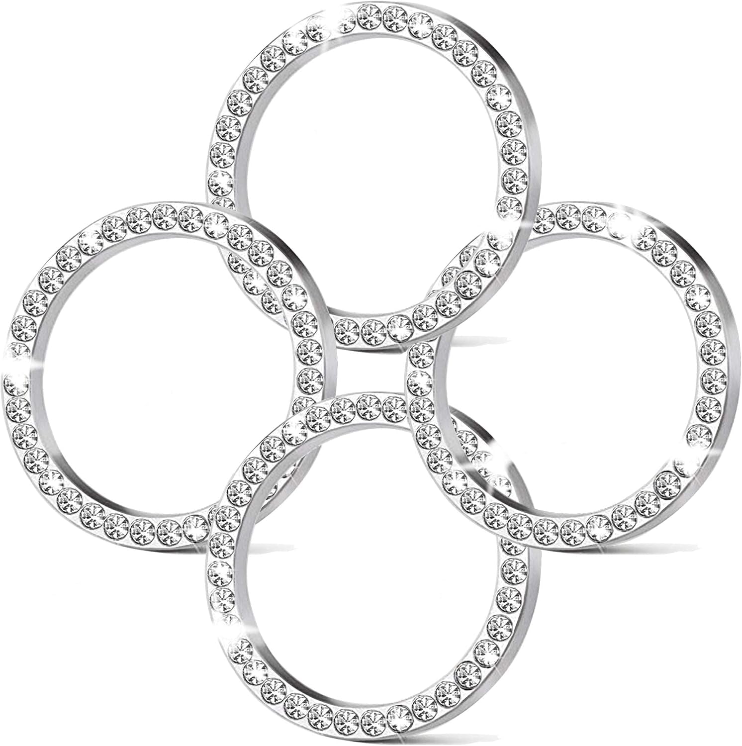 4Pcs Crystal Rhinestone Ring for Car Decor, Car Volume and Tune Knobs Ring Emblem Sticker,Auto Engine Start Stop Decoration Crystal Interior Ring Decal for Vehicle Ignition Button-Silvery