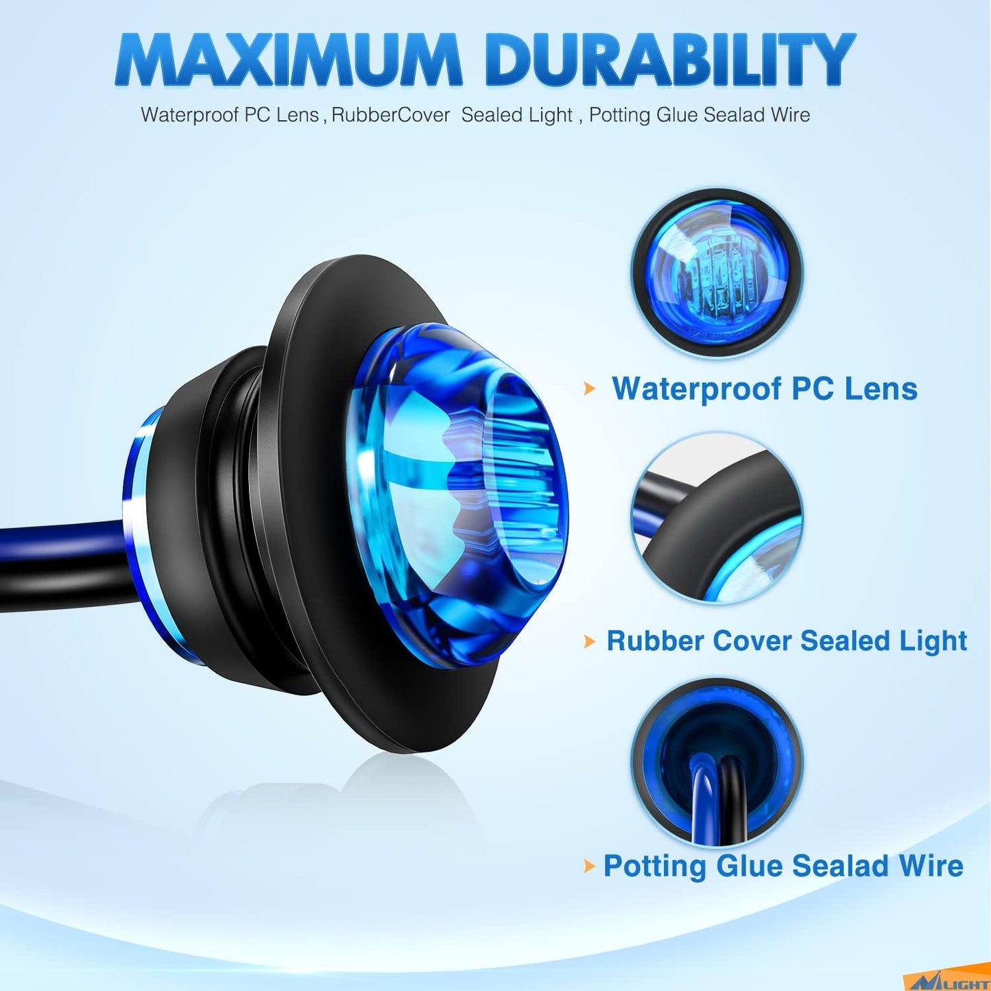 3/4" round LED Clearance Marker Lights,Blue, 10-Pack | 12V Bullet-Style LED Marker Lights for Front, Rear & Side Applications on Trailers, Trucks, Rvs, Vans, Buses, Boats, Offroad