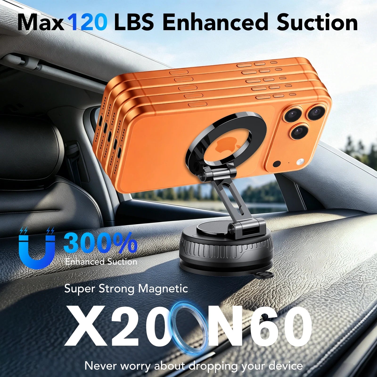 Magnetic Phone Holder for Car, Suction Cup Car Phone Holder for Dashboard and Windshield, 360° Adjustable Car Phone Mount with Strongest N60 Magnets, Compatible for Iphone17-12 Pro Max and Android