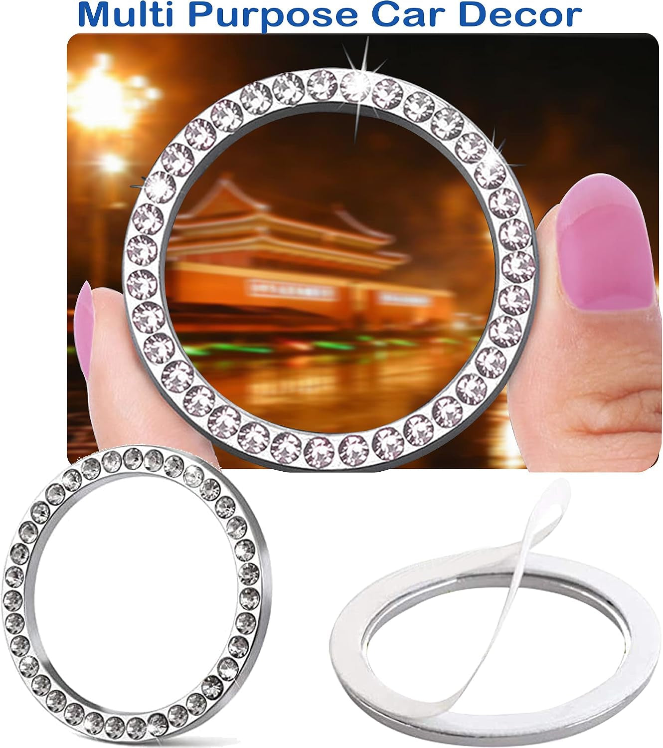 4Pcs Crystal Rhinestone Ring for Car Decor, Car Volume and Tune Knobs Ring Emblem Sticker,Auto Engine Start Stop Decoration Crystal Interior Ring Decal for Vehicle Ignition Button-Silvery