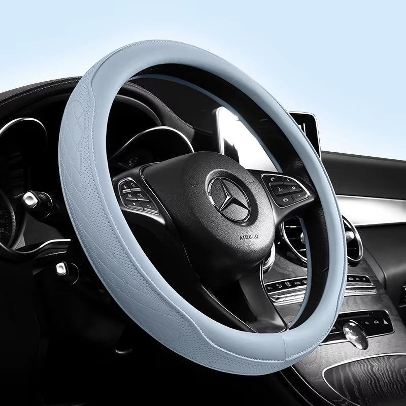 Napa Leather Perforated Patchwork Car Steering Wheel Cover, Non-Slip, Breathable, Fits 14.5–15 Inch Steering Wheel Cover
