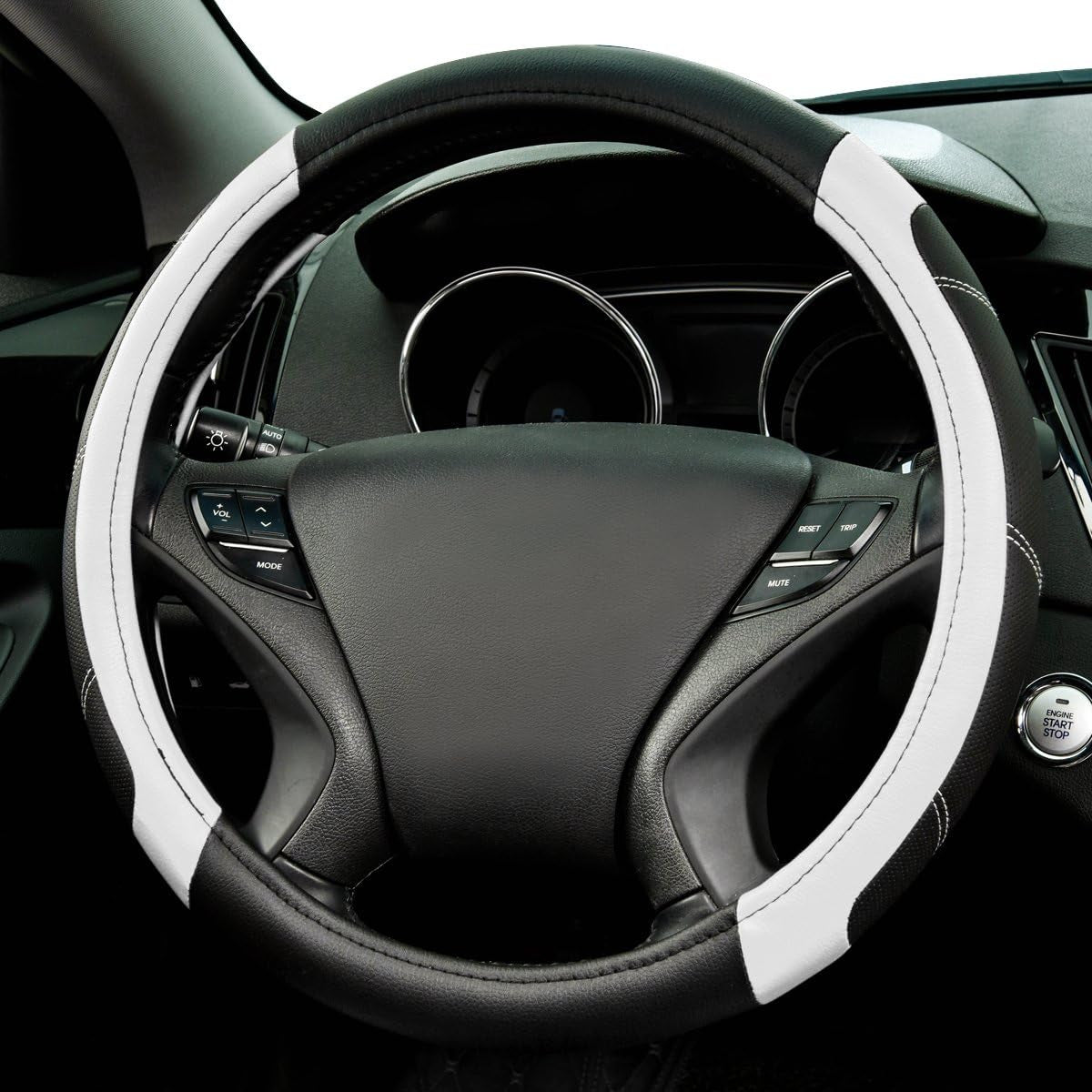 Line Rider Microfiber Leather Sporty Steering Wheel Cover Universal Fits for 95% Truck,Suv,Cars,14.5-15Inch Anti-Slip Safety Comfortable Desgin (Black-White)