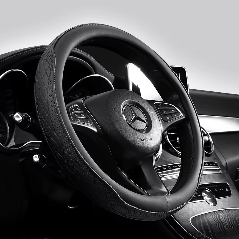 Napa Leather Perforated Patchwork Car Steering Wheel Cover, Non-Slip, Breathable, Fits 14.5–15 Inch Steering Wheel Cover