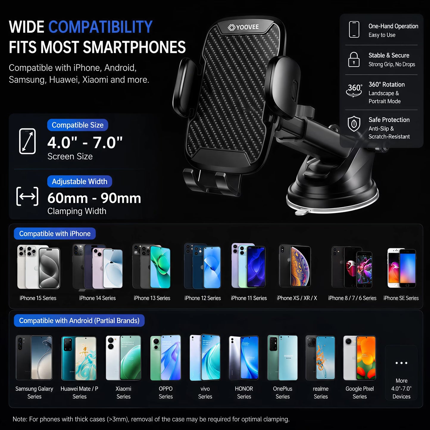 Universal Car Phone Holder with Adjustable Rotation for 4-7 Inch Phones, Dashboard, Windshield & Air Vent Mount