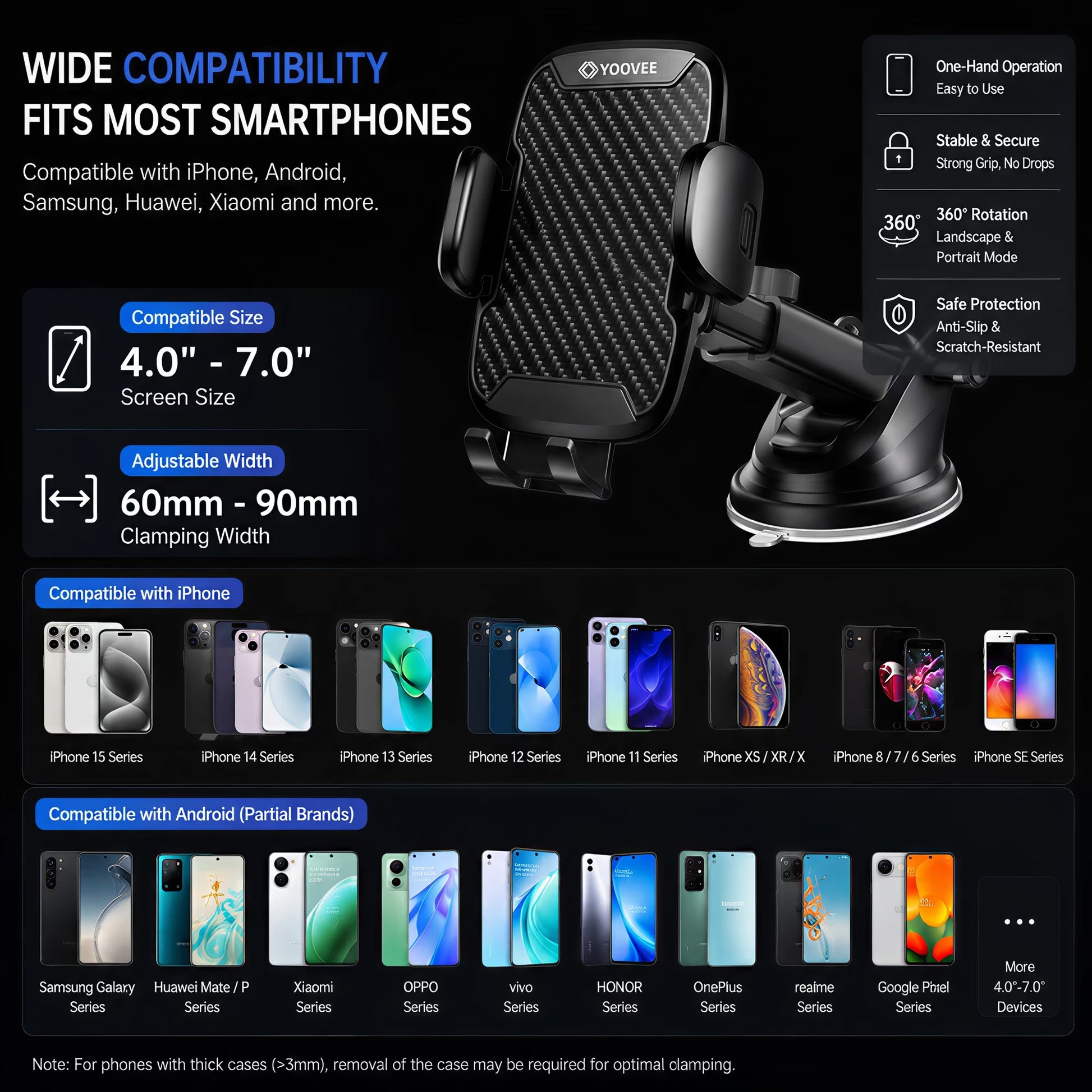 Universal Car Phone Holder with Adjustable Rotation for 4-7 Inch Phones, Dashboard, Windshield & Air Vent Mount