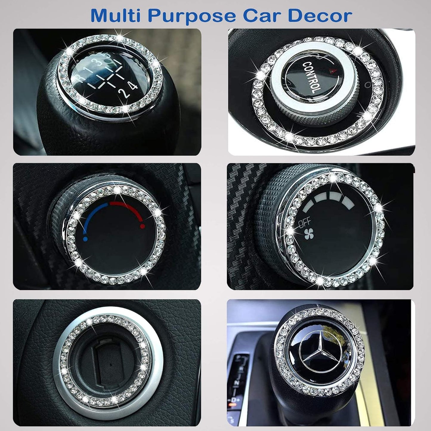 4Pcs Crystal Rhinestone Ring for Car Decor, Car Volume and Tune Knobs Ring Emblem Sticker,Auto Engine Start Stop Decoration Crystal Interior Ring Decal for Vehicle Ignition Button-Silvery