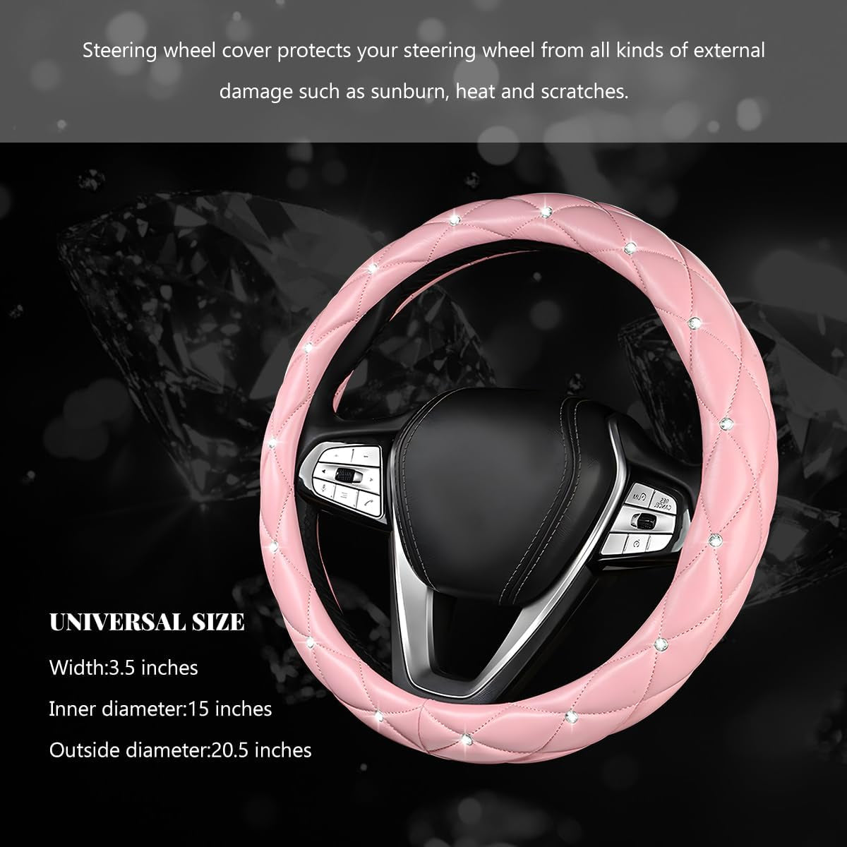 Bling Car Steering Wheel Cover, 15 Inch Diamond Leather Anti-Slip Auto Steering Wheel Protector, Cute Sparkly Rhinestones Wheels Cover Automotive Decoration for Women Girl (Pink)